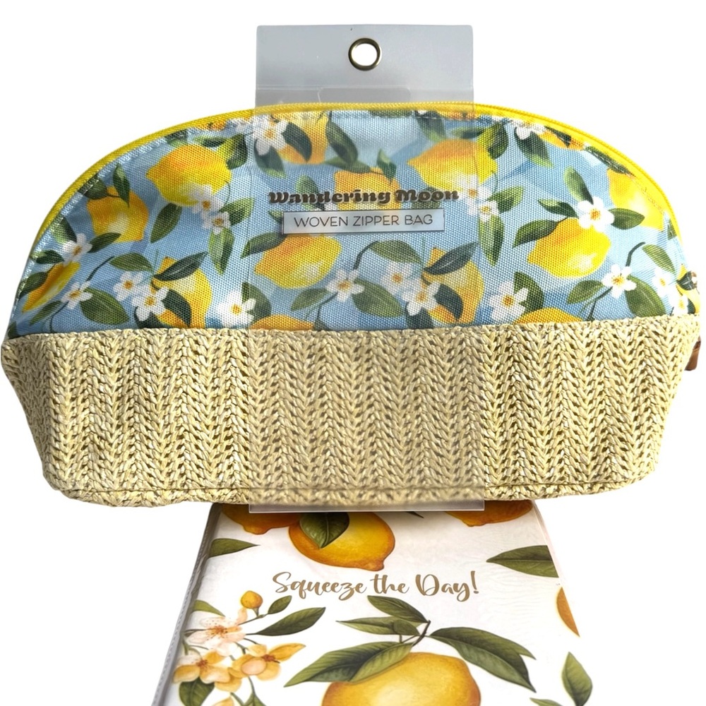 NWT Wandering Moon Yellow Lemon Floral Woven Cosmetic Zipper Bag w/notebook🍋